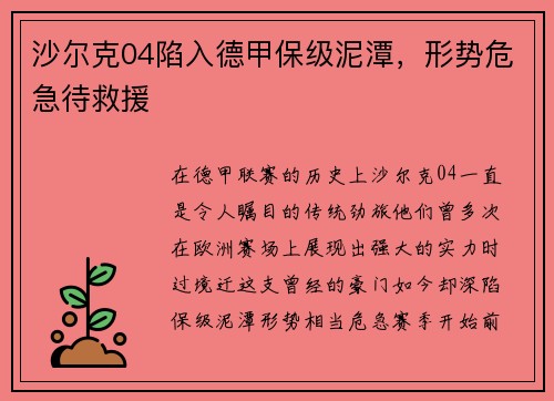 沙尔克04陷入德甲保级泥潭，形势危急待救援